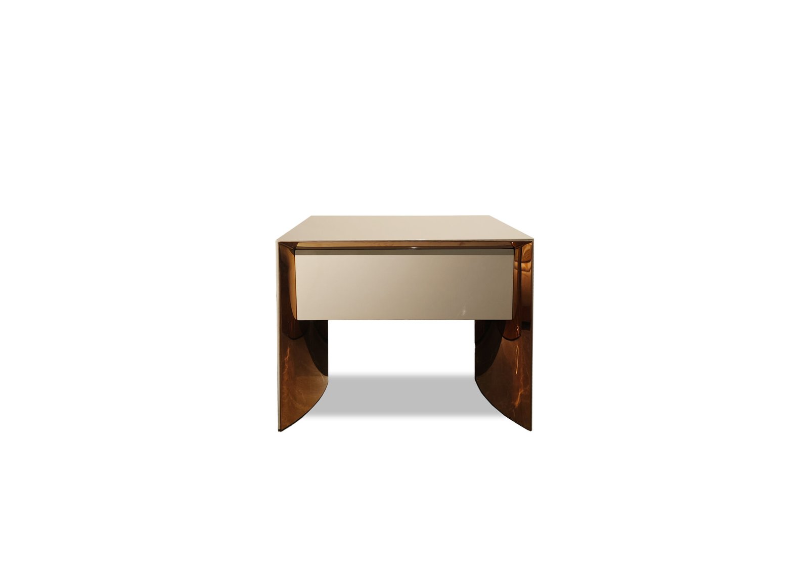 Nightstand with drawer featuring rose gold hardware and mirror finish in contemporary bedroom