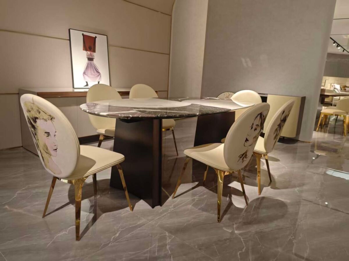 Commercial grade restaurant table in upscale dining room with guests seated at mosaic stone surface