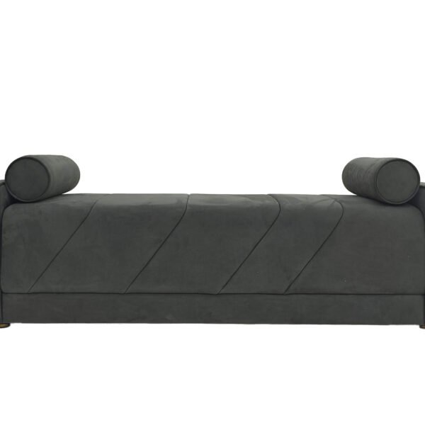 Bedend stool with bolster pillows featuring charcoal gray upholstery and diagonal stitching