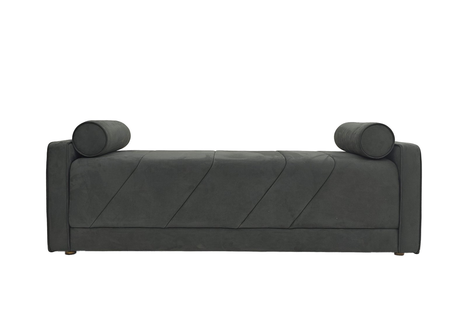 Bedend stool with bolster pillows featuring charcoal gray upholstery and diagonal stitching