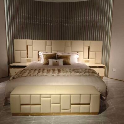 Babylon Bed with leather headboard and integrated lighting nightstand bedroom furniture set