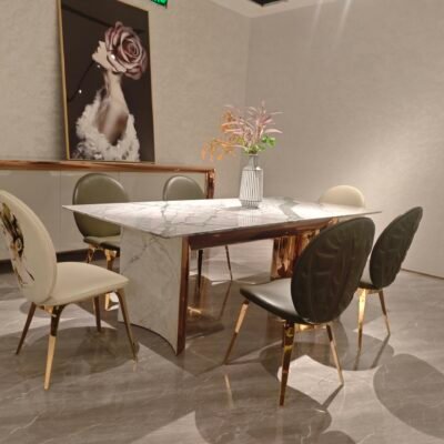 Premium stone dining table in luxury dining room with contemporary marble dining setting