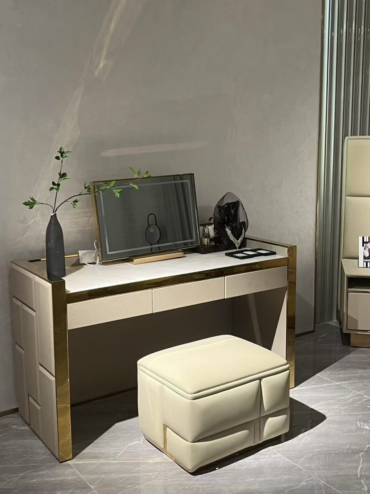 Modern vanity table mirror displayed in contemporary bedroom interior with luxury styling