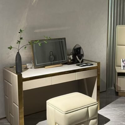 Modern vanity table mirror displayed in contemporary bedroom interior with luxury styling