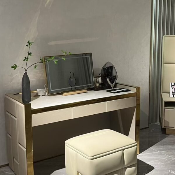 Modern vanity table mirror displayed in contemporary bedroom interior with luxury styling