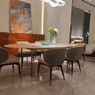 Contemporary restaurant seating beige leather dining chairs black frame hotel dining room setting
