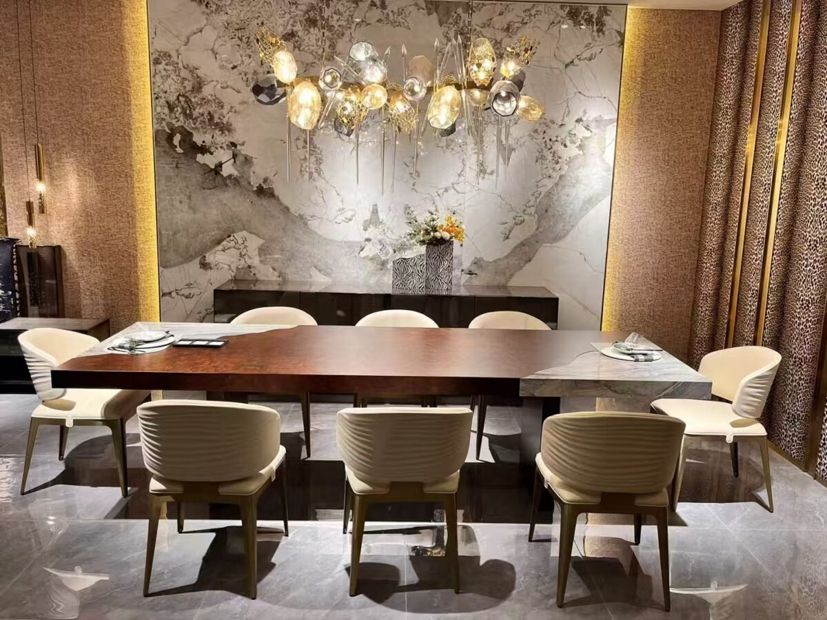 Large format dining table in contemporary restaurant setting with commercial dining table stone