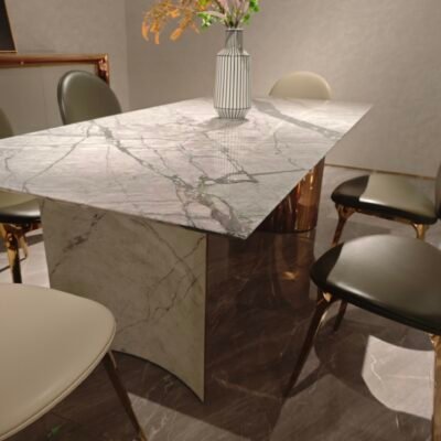 Luxury white marble table detail showing Cold River Snow veining pattern and gold hardware close-up