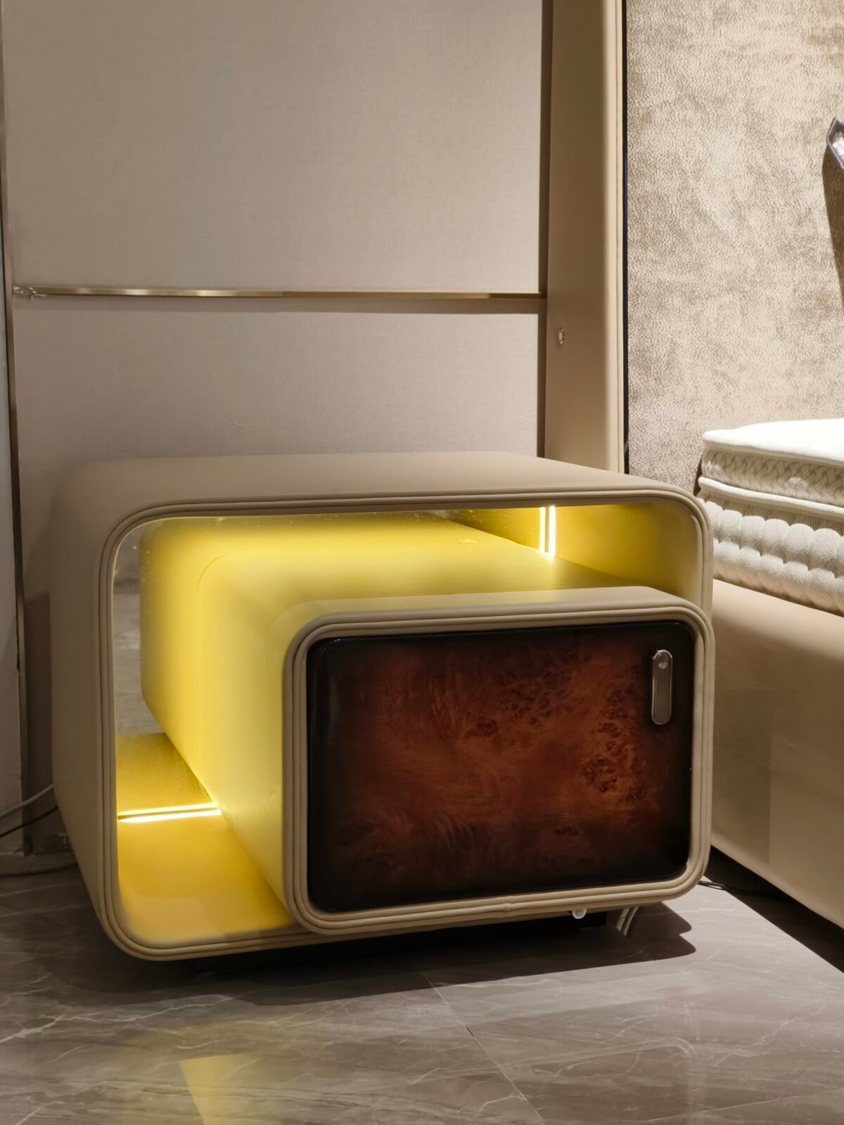 LED lighting detail on modern nightstand smart technology with poplar burl wood grain