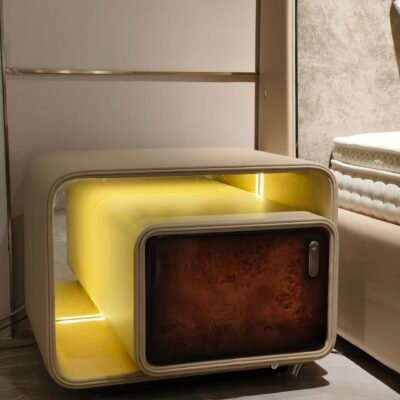 LED lighting detail on modern nightstand smart technology with poplar burl wood grain