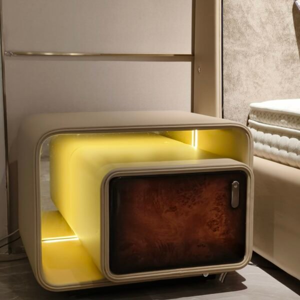 LED lighting detail on modern nightstand smart technology with poplar burl wood grain