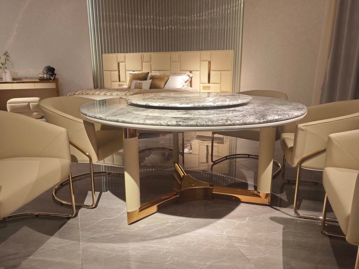 Dual marble dining furniture detail showing Elephant White and Versace Black marble contrast close-up