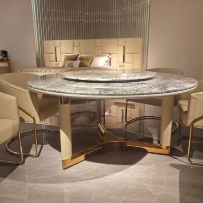 Dual marble dining furniture detail showing Elephant White and Versace Black marble contrast close-up