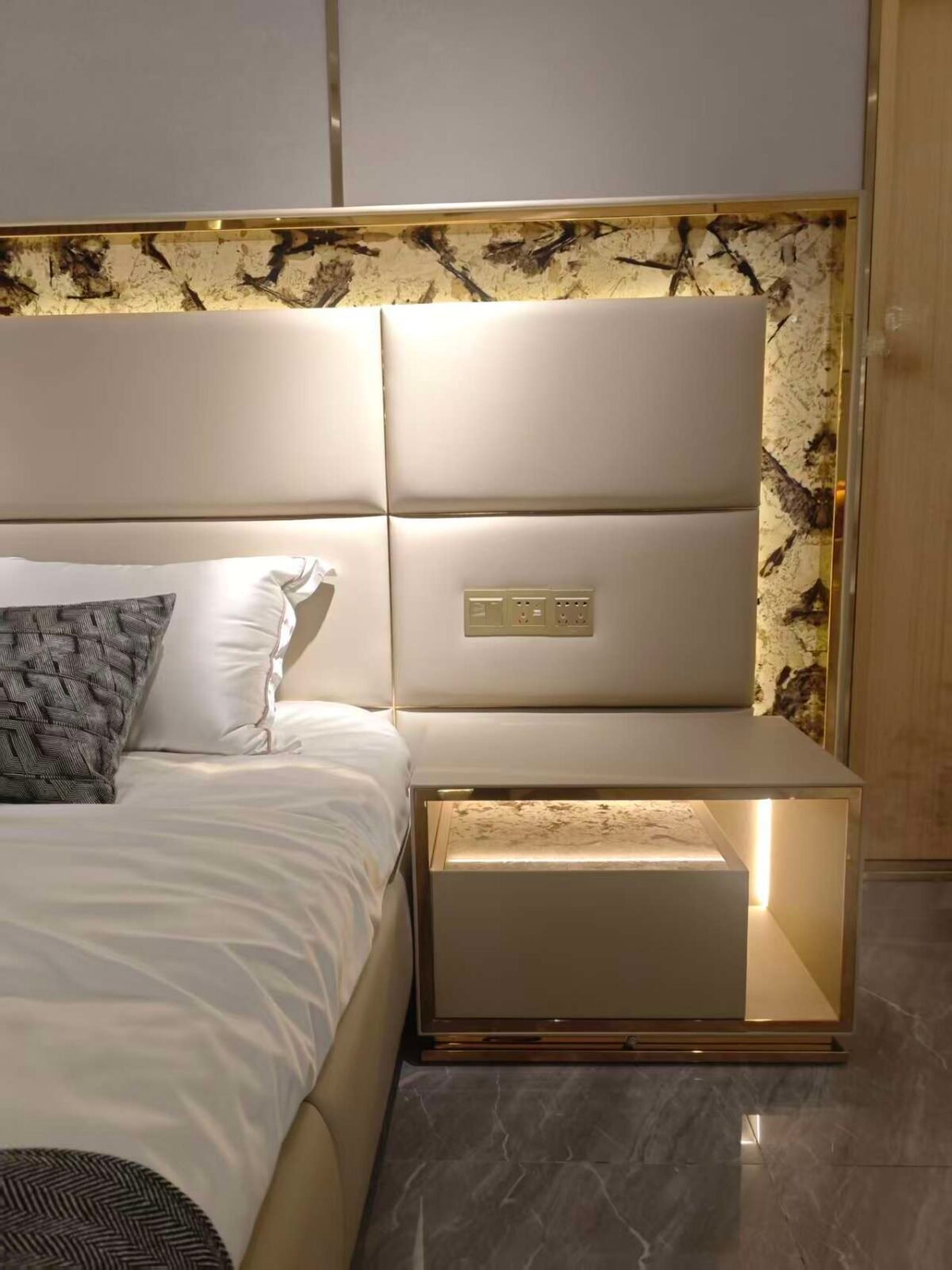 Modern bedroom set nightstand with smart lighting and stone veneer luxury furniture