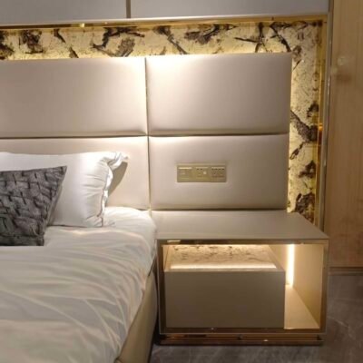 Modern bedroom set nightstand with smart lighting and stone veneer luxury furniture