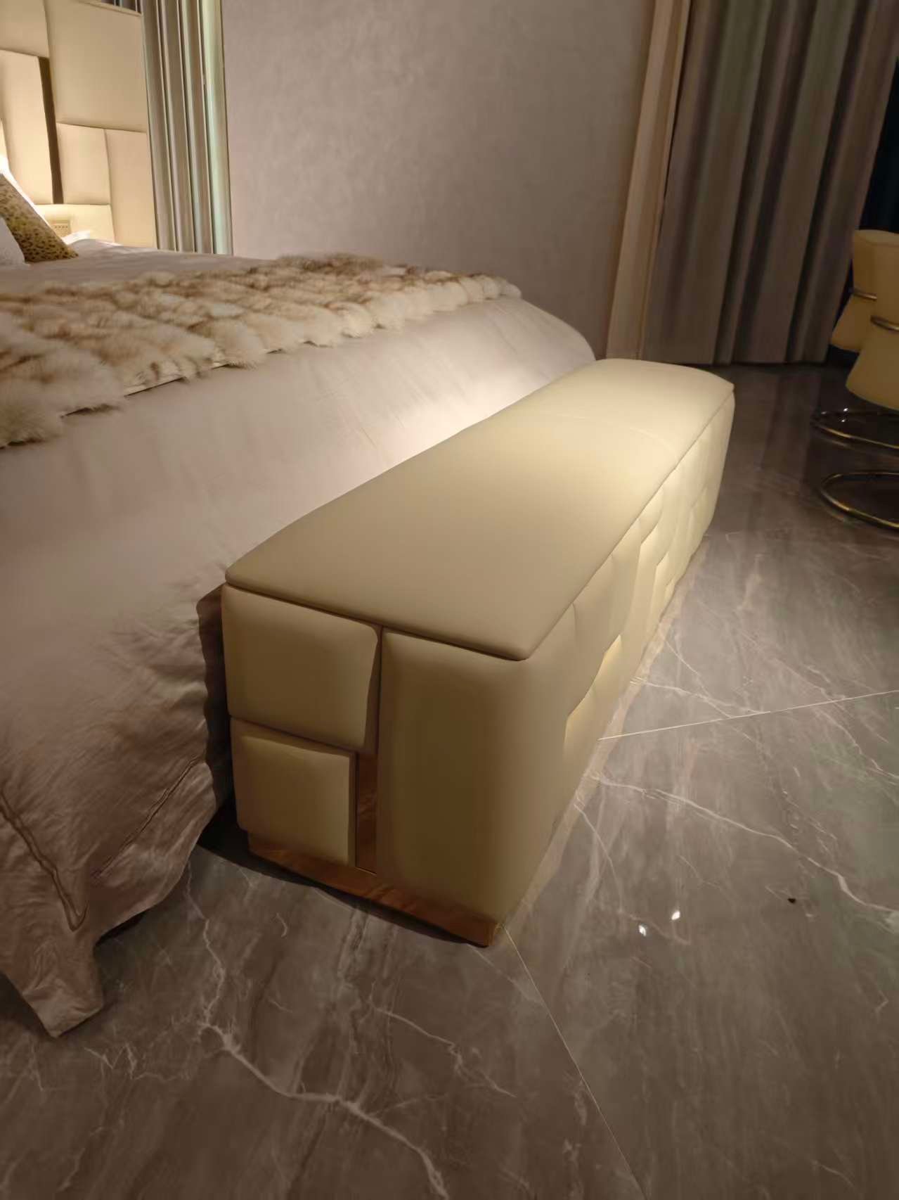 Hotel bedroom stool premium quality showing multiple views and dimensions 1600x400x440mm