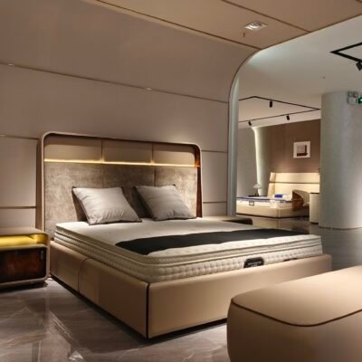 Luxury bedroom bench leather at foot of king-size bed in executive hotel suite