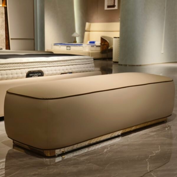 Close-up of genuine leather texture, ribbed semi-leather top, and dark piping detail on beige bench