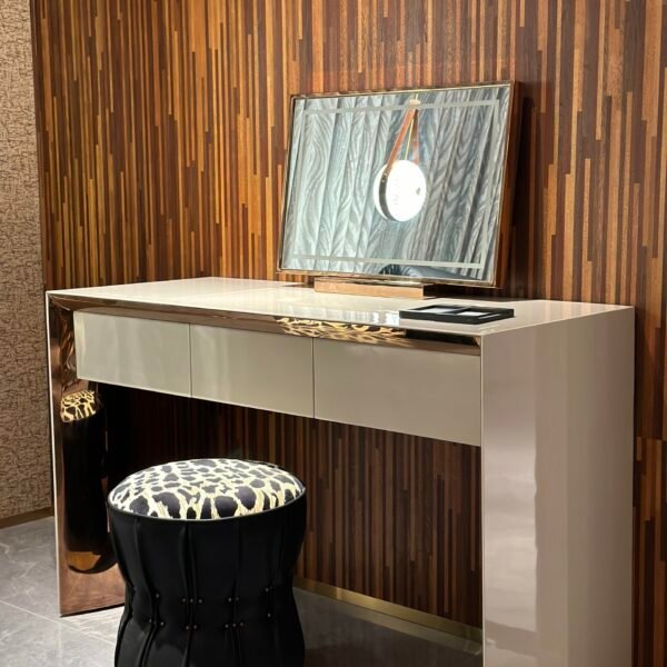 Rose gold makeup vanity dressing table bedroom setting full view