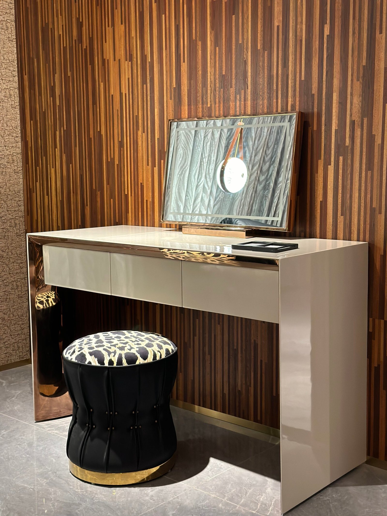 Rose gold makeup vanity dressing table bedroom setting full view