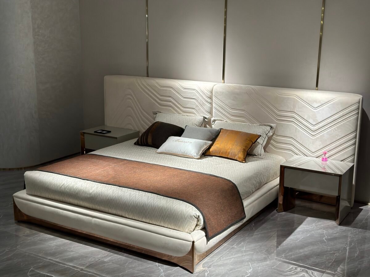 Compact bedroom furniture styled in modern bedroom with nightstand beside bed