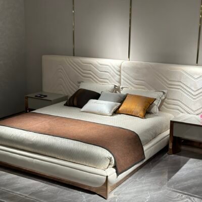 Compact bedroom furniture styled in modern bedroom with nightstand beside bed