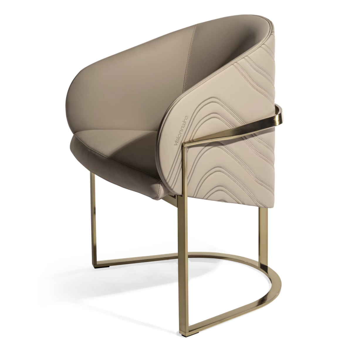 Gold leg dining chair with beige leather upholstery and contemporary modern design full view
