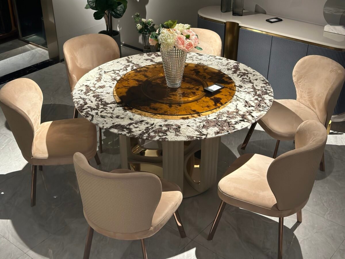 Hotel dining table rotating system showing multiple views and dimensions Ø1500x830mm