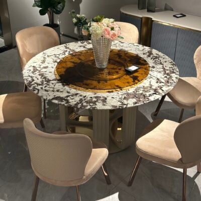 Hotel dining table rotating system showing multiple views and dimensions Ø1500x830mm