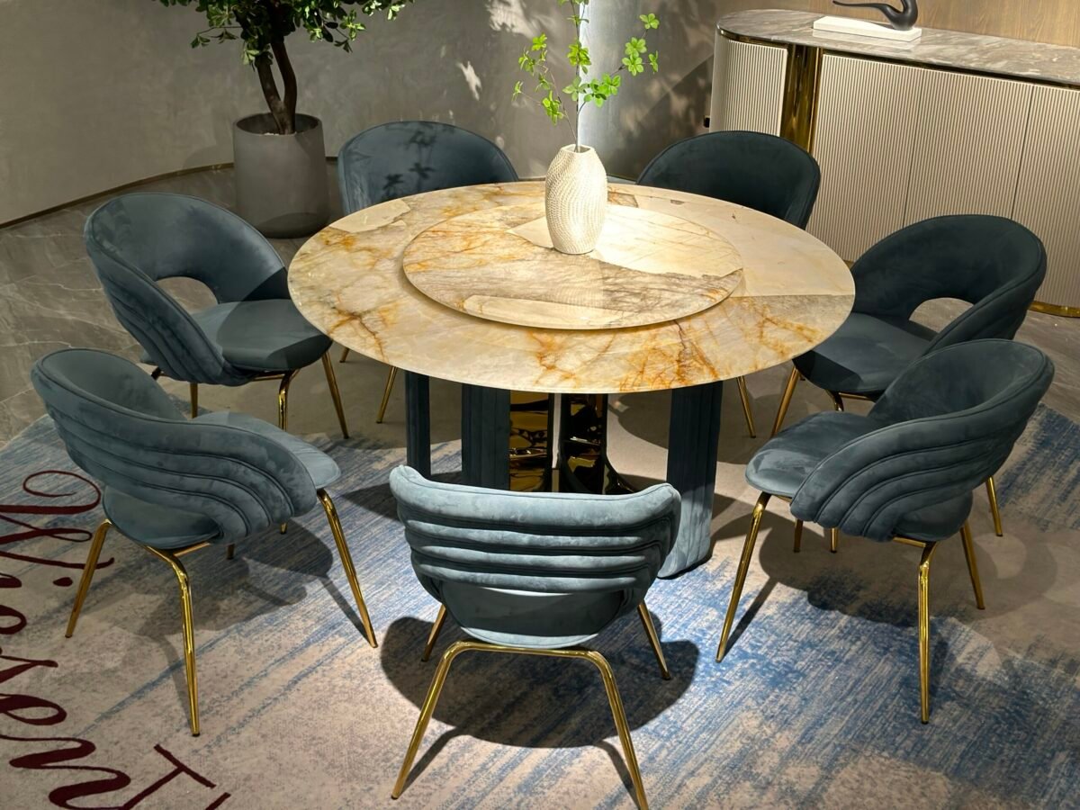 Hotel dining table rotating system showing multiple views and dimensions Ø1500x830mm