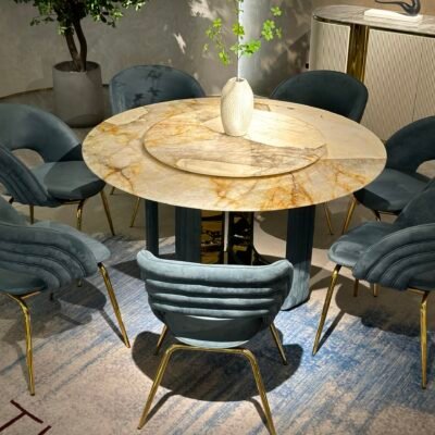 Hotel dining table rotating system showing multiple views and dimensions Ø1500x830mm