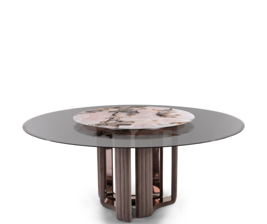 Rotating dining table stone glass with Tianshan snow stone top and smoked glass turntable
