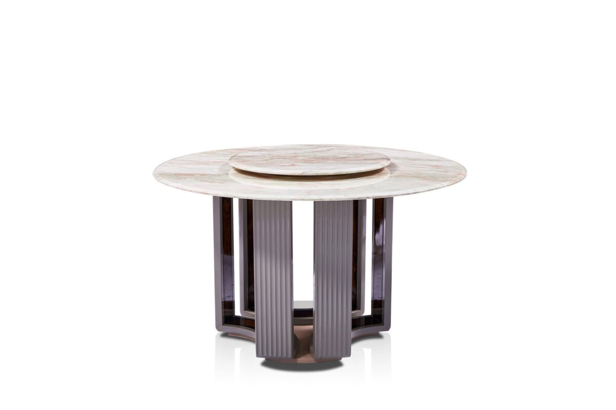 Rotating dining table stone glass with Tianshan snow stone top and smoked glass turntable