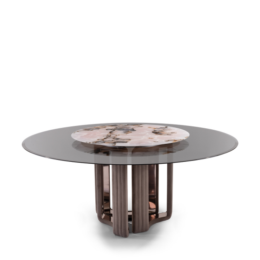 Rotating dining table stone glass with Tianshan snow stone top and smoked glass turntable