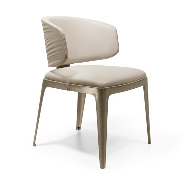 Metal frame dining chair with titanium brushed finish and beige genuine leather upholstery full view