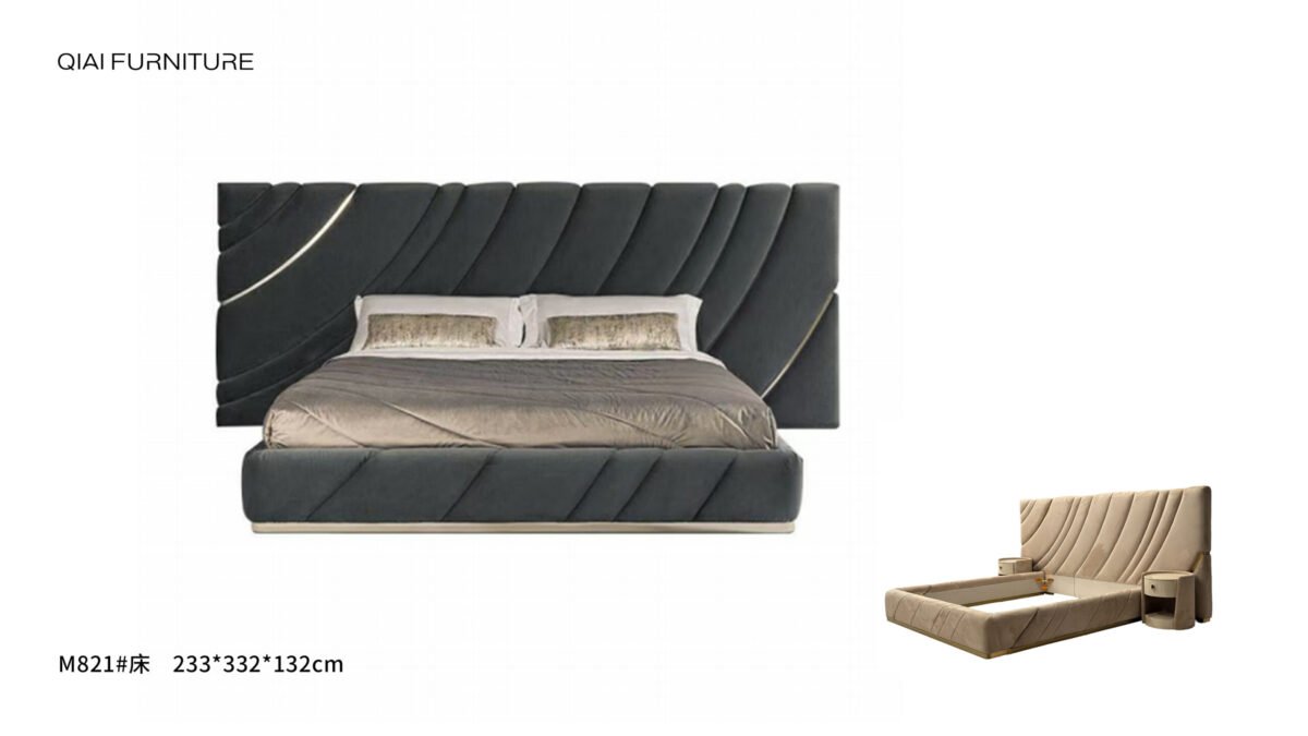 Metal headboard bed with customizable upholstery in modern bedroom setting