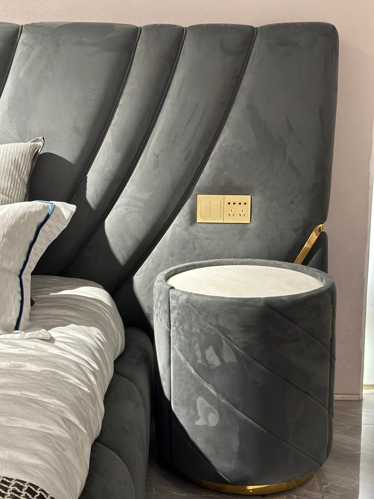 Luxury nightstand design detail showing frosted cloth texture and diagonal groove pattern close-up