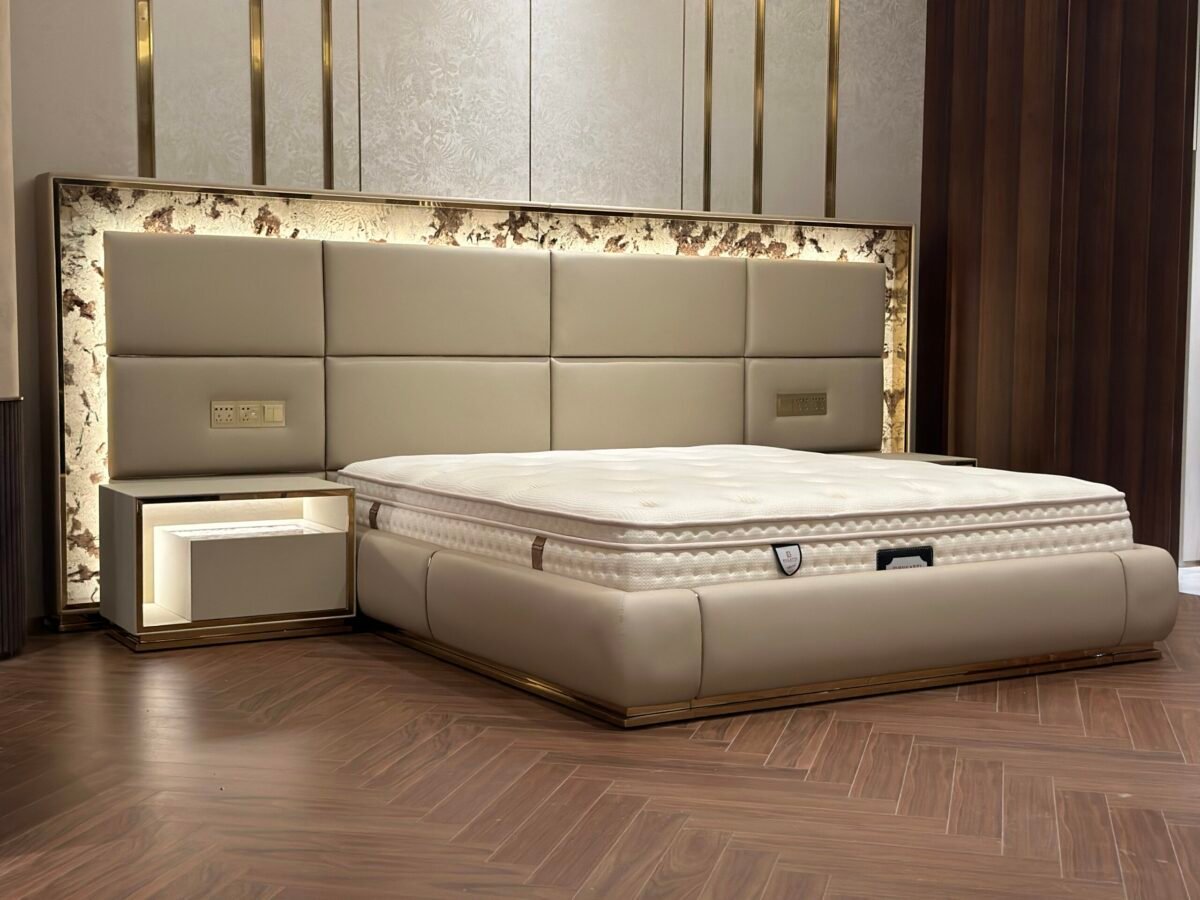 LED nightstand furniture detail showing integrated light strip and premium hardware close-up