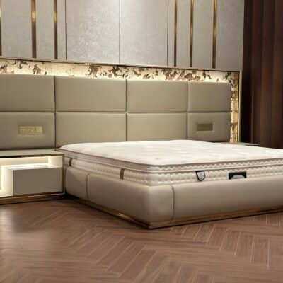 LED nightstand furniture detail showing integrated light strip and premium hardware close-up