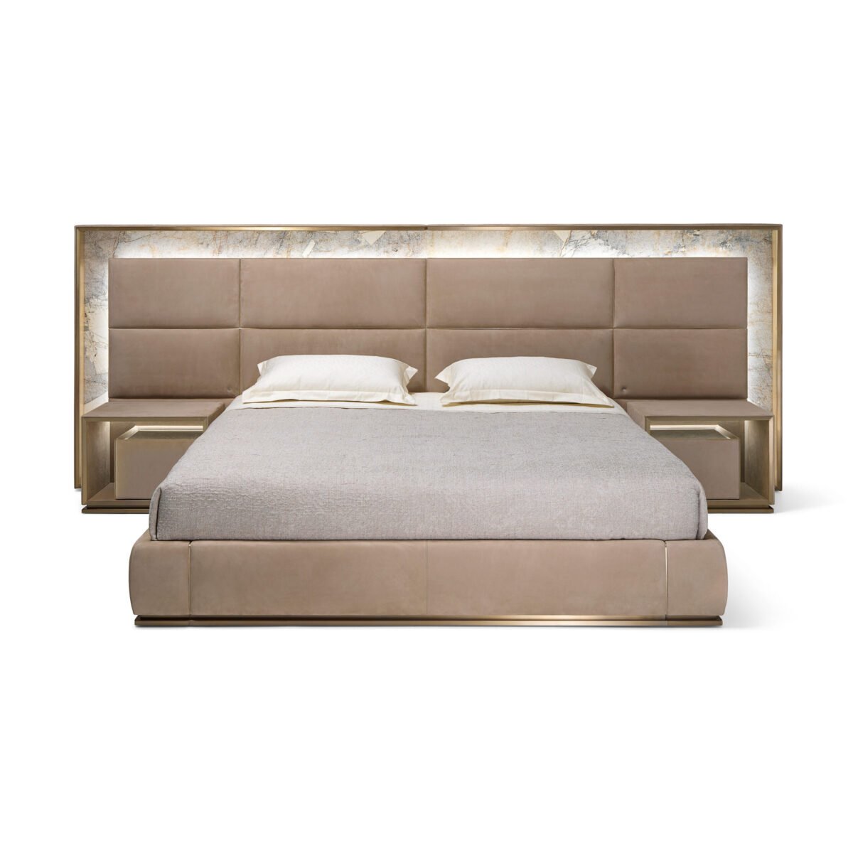 Luxury bed with gold headboard and smart lighting in modern bedroom with matching nightstand