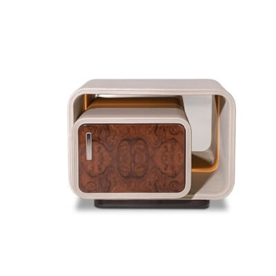 Contemporary bedside table with LED lighting featuring poplar burl veneer and curved design