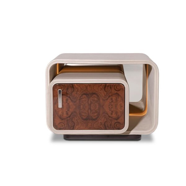 Luxury Bedside Cabinet Design - Premium Modern Nightstand with Smart Technology Contemporary bedside table with LED lighting featuring poplar burl veneer and curved design