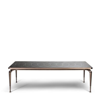 Black stone dining table contemporary with Patek Philippe finish and black powder-coated metal base
