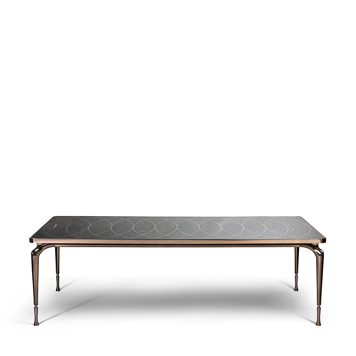 Black stone dining table contemporary with Patek Philippe finish and black powder-coated metal base