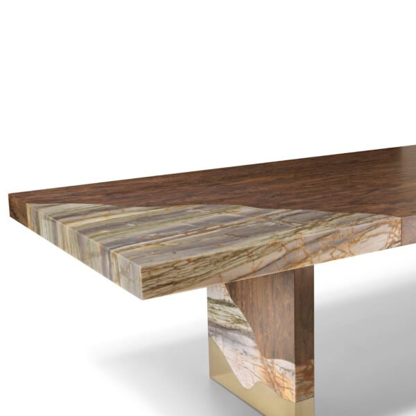 Modern stone top table detail showing black peach tree grain pattern and sealed finish close-up