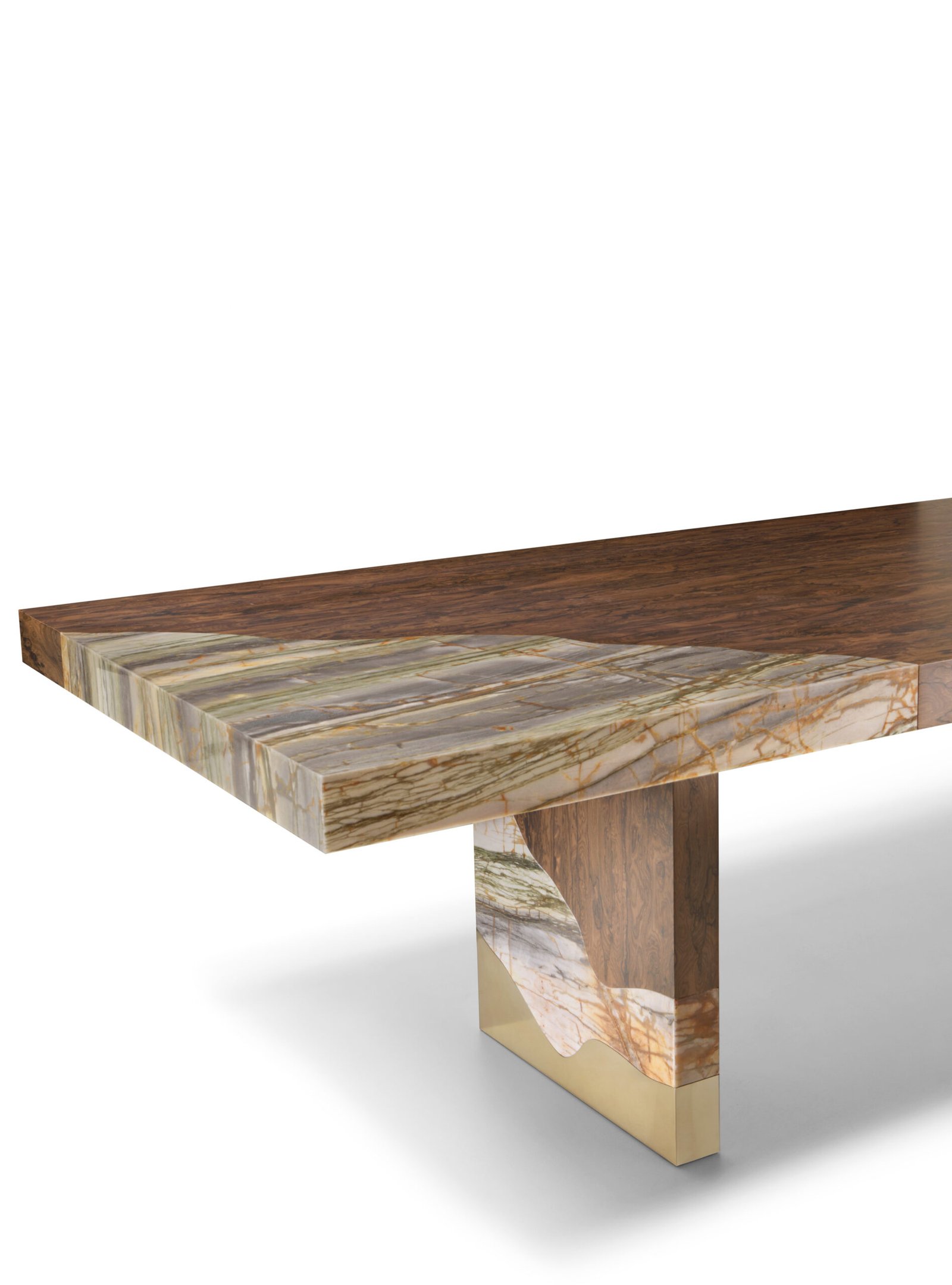 Modern stone top table detail showing black peach tree grain pattern and sealed finish close-up