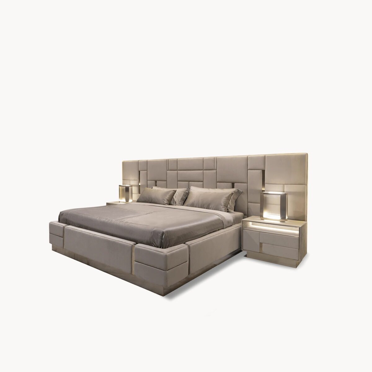 Babylon Bed with leather headboard and integrated lighting nightstand bedroom furniture set