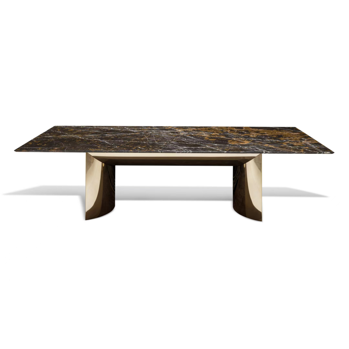 Natural marble dining table featuring Cold River Snow stone with gold accents and edge panels