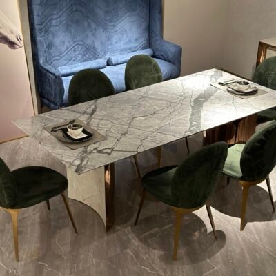 Premium stone dining table in luxury dining room with contemporary marble dining setting