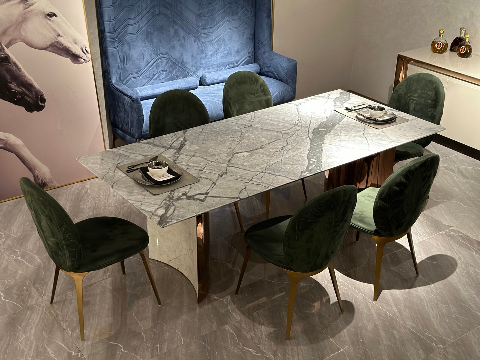 Premium stone dining table in luxury dining room with contemporary marble dining setting